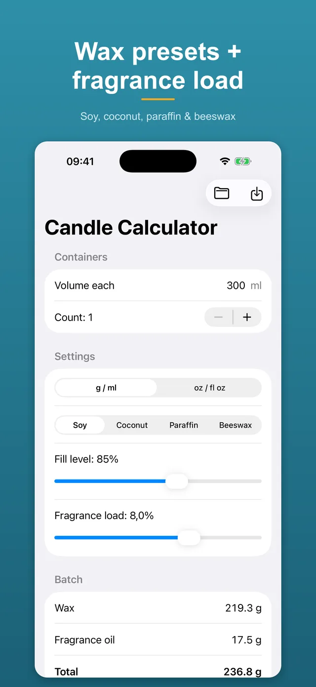 Candle calculator screen: wax presets and fragrance load