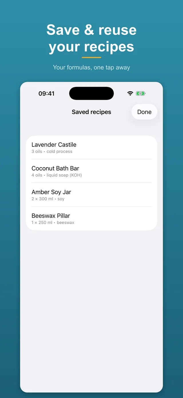 Saved recipes list: reload a batch in one tap