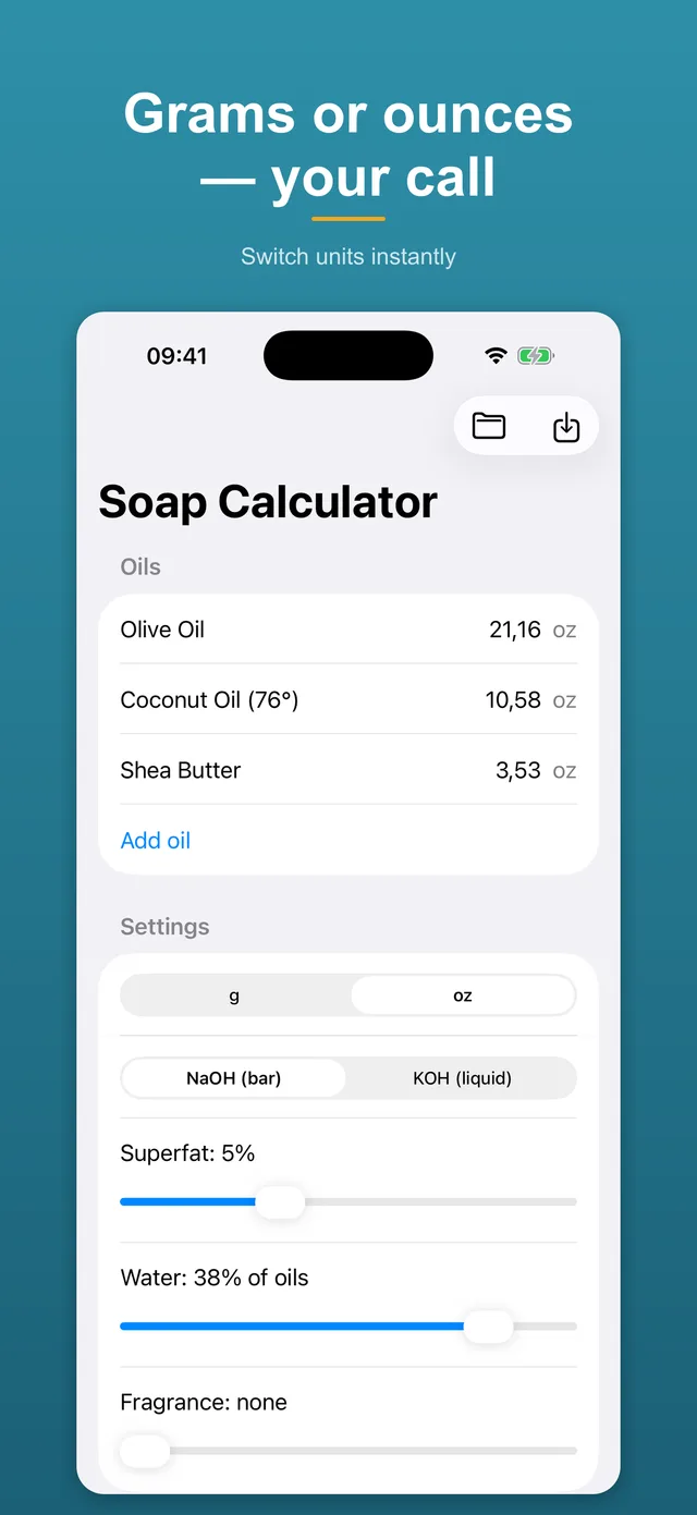 Unit toggle: grams or ounces